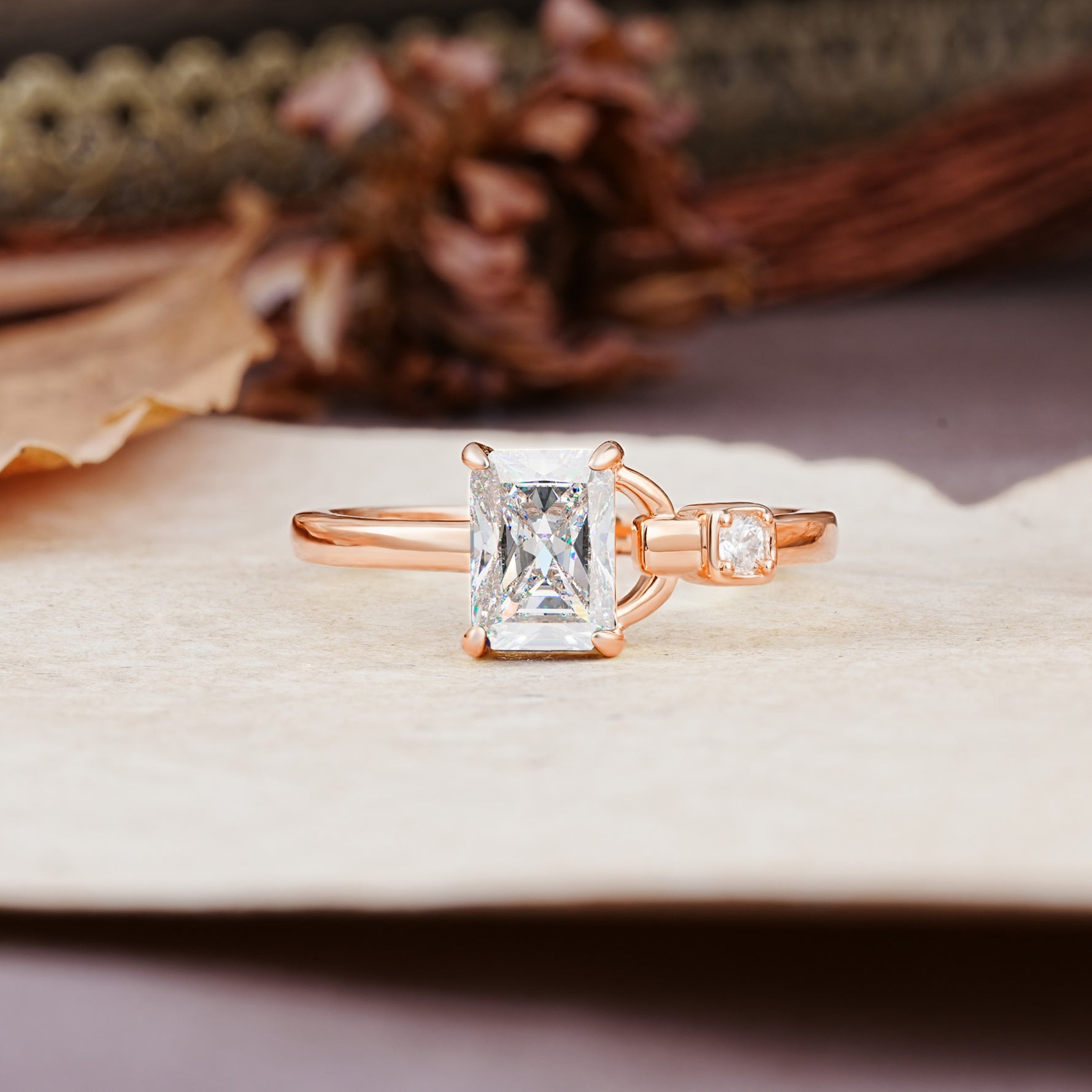 Unique, Classic 4-Prong Emerald Cut Moissanite Two Stones Wedding Ring - Additional view