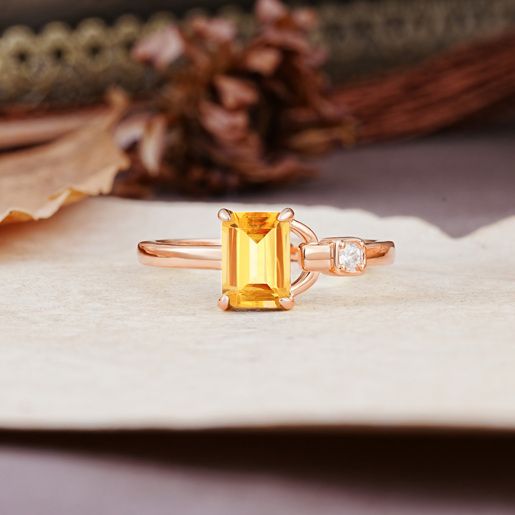 Unique, Classic 4-Prong Emerald Cut Citrine Two Stones Wedding Ring - Additional view