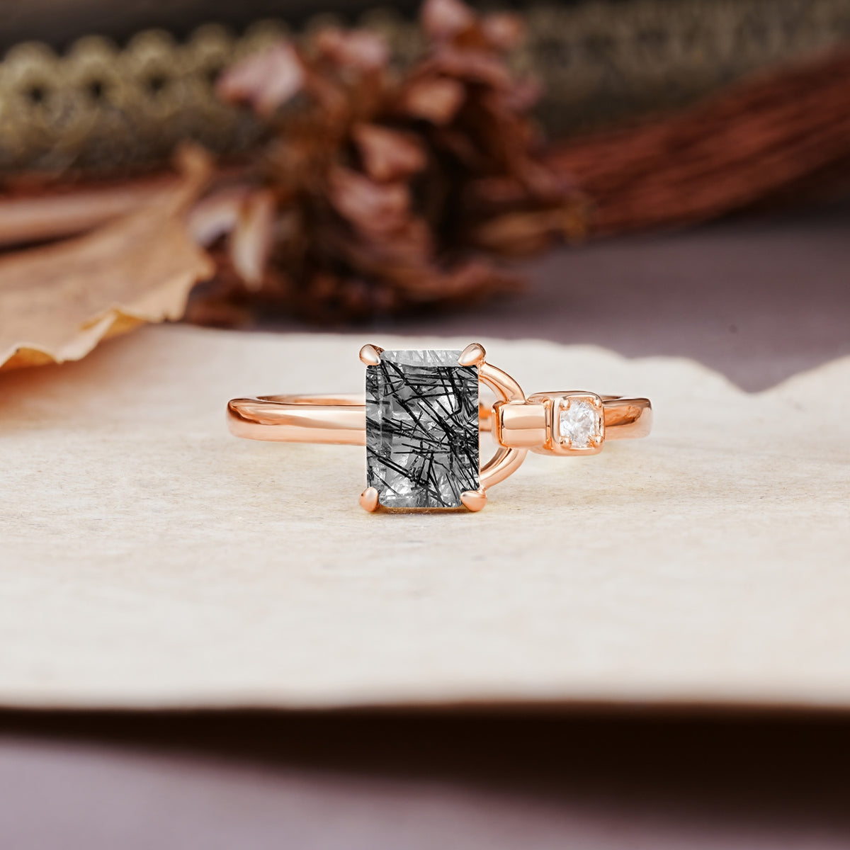 Unique, Classic 4-Prong Emerald Cut Black Rutilated Quartz Two Stones Wedding Ring - Additional view