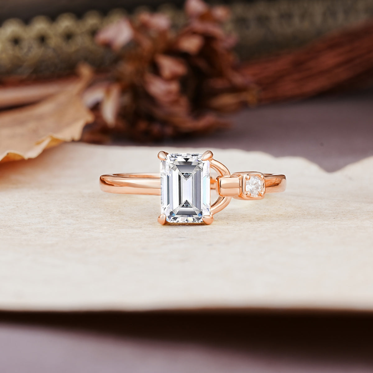Unique, Classic 4-Prong Emerald Cut Lab Diamond Two Stones Wedding Ring - Additional view
