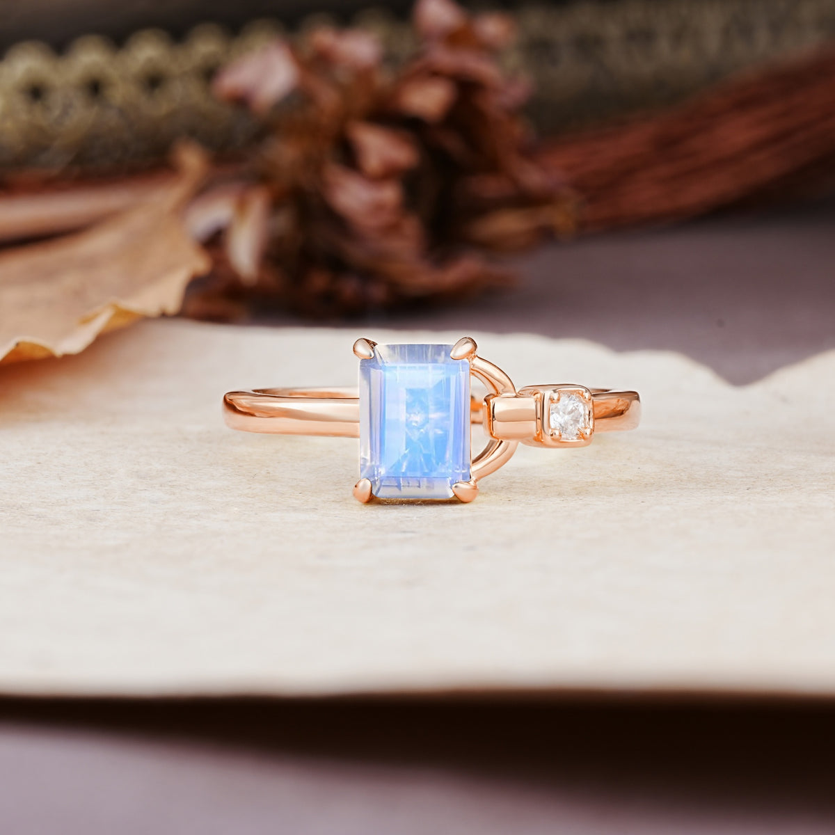 Unique, Classic 4-Prong Emerald Cut Moonstone Two Stones Wedding Ring - Additional view