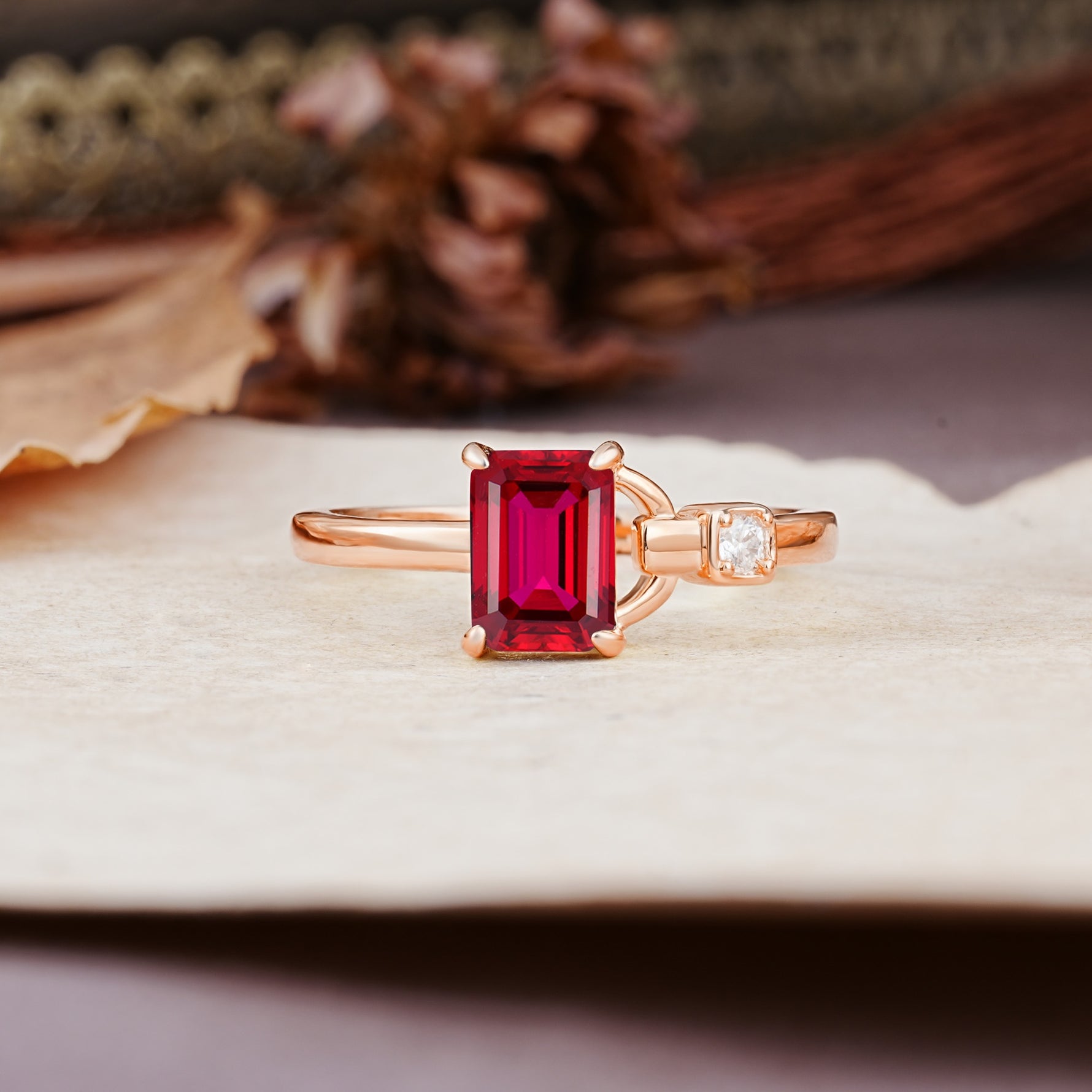 Unique, Classic 4-Prong Emerald Cut Ruby Two Stones Wedding Ring - Additional view