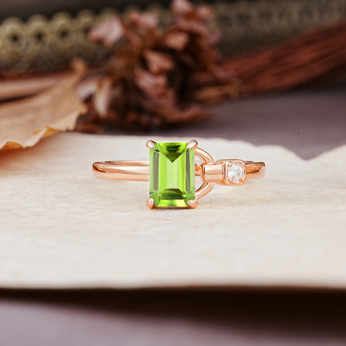 Unique, Classic 4-Prong Emerald Cut Peridot Two Stones Wedding Ring - Additional view