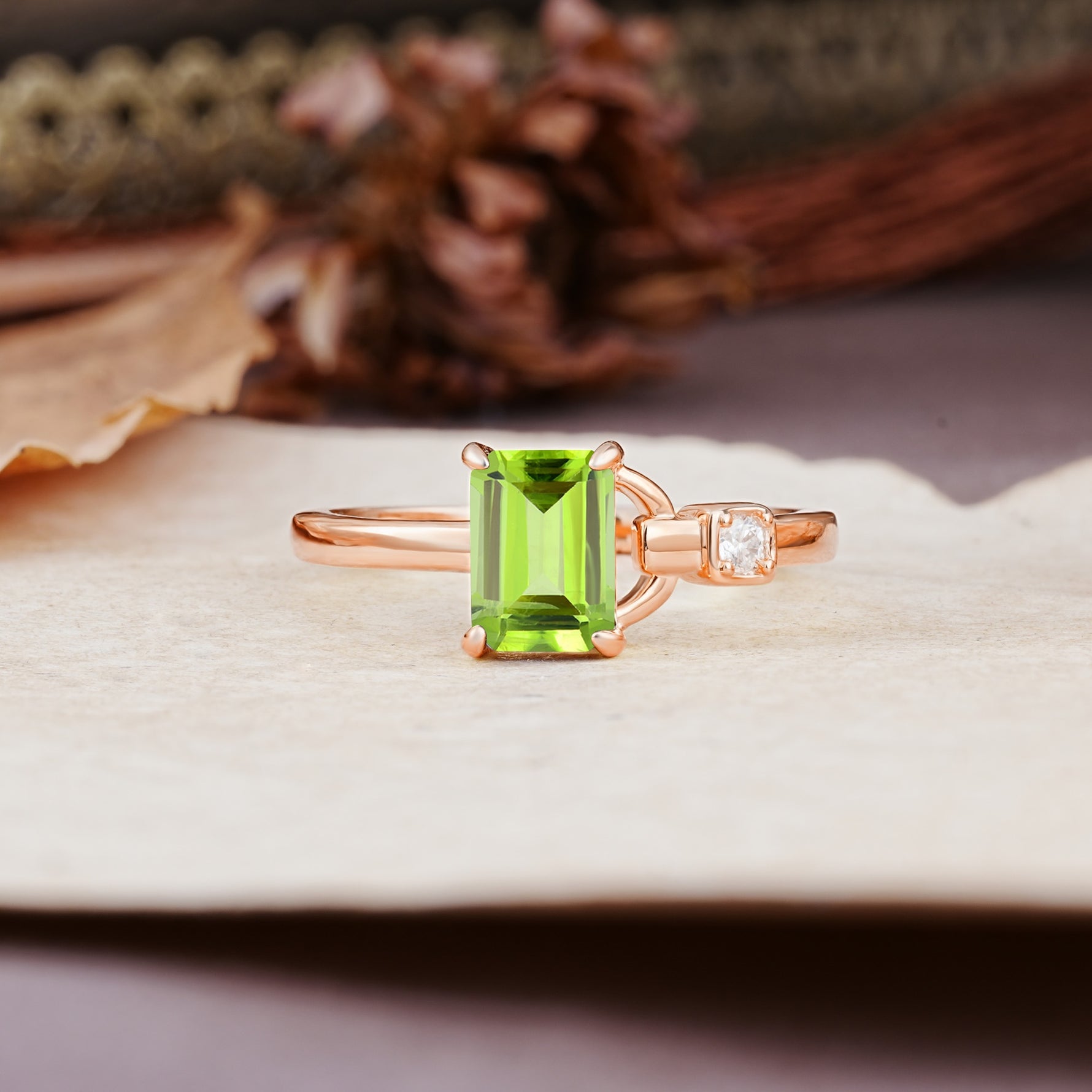 Unique, Classic 4-Prong Emerald Cut Peridot Two Stones Wedding Ring - Additional view