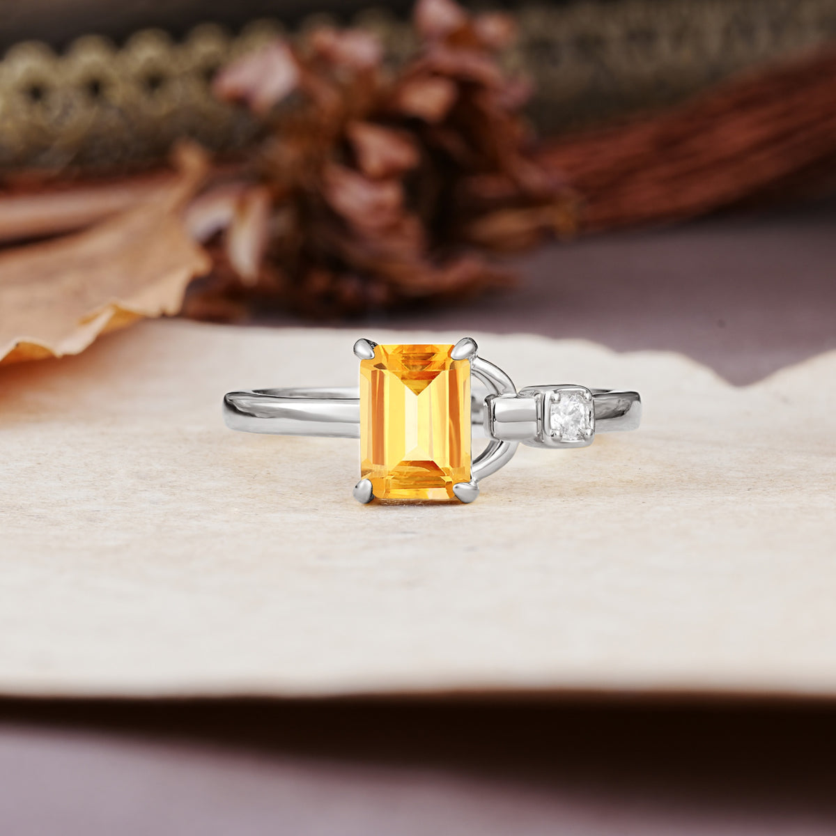 Unique, Classic 4-Prong Emerald Cut Citrine Two Stones Wedding Ring - Additional view