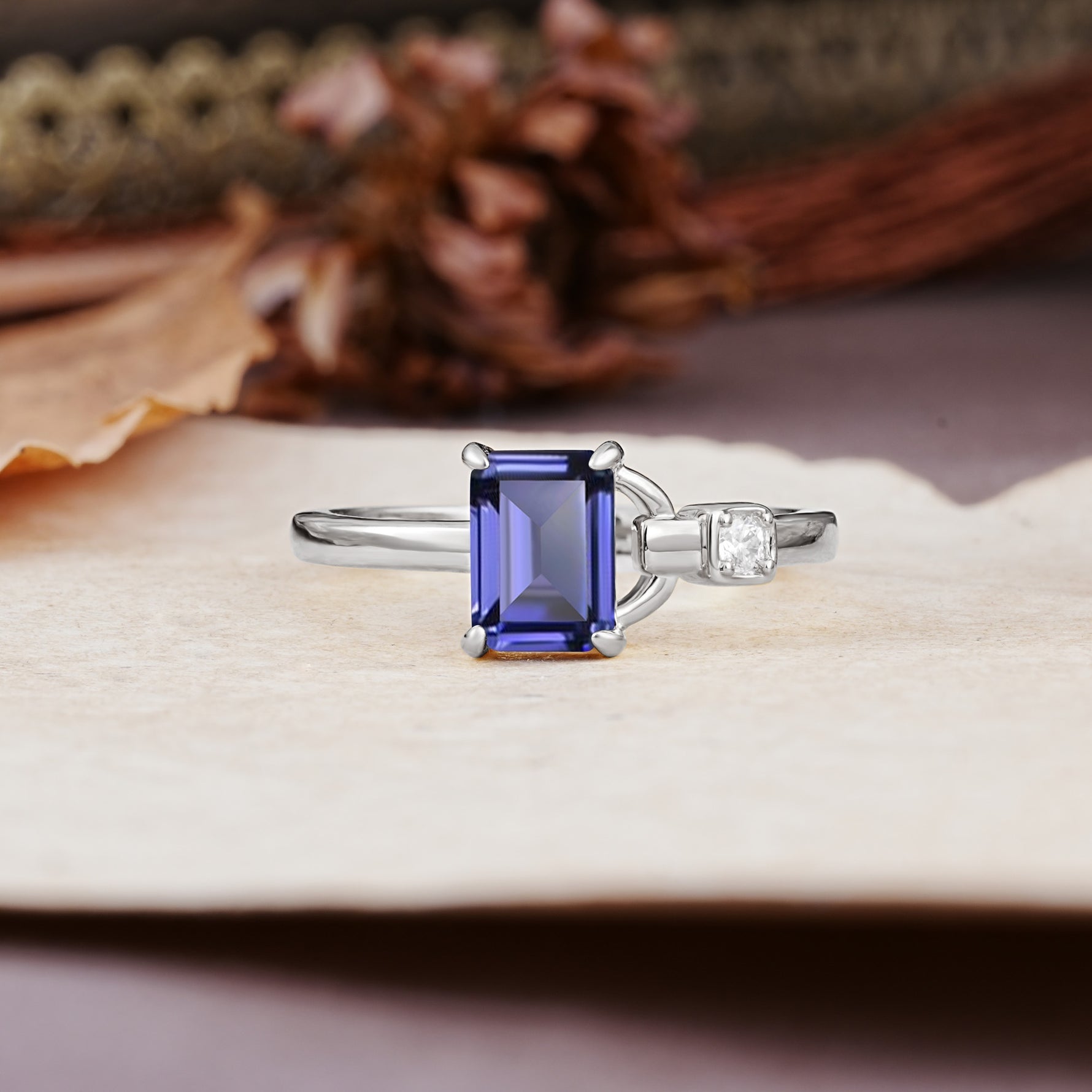 Unique, Classic 4-Prong Emerald Cut Tanzanite Two Stones Wedding Ring - Additional view