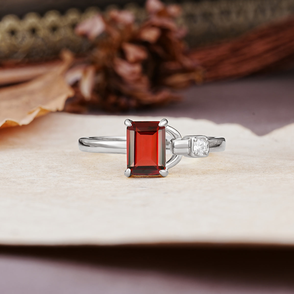 Unique, Classic 4-Prong Emerald Cut Garnet Two Stones Wedding Ring - Additional view