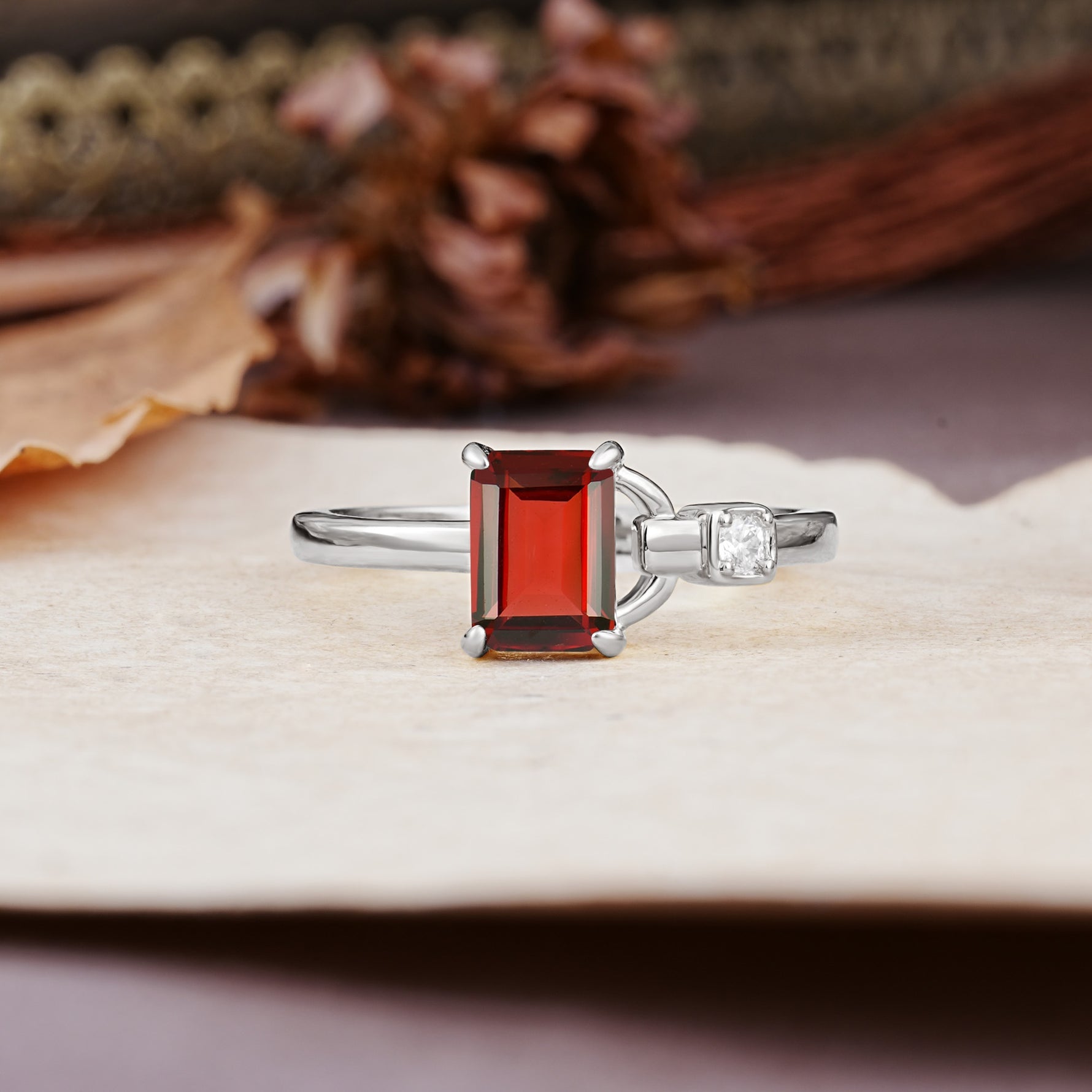 Unique, Classic 4-Prong Emerald Cut Garnet Two Stones Wedding Ring - Additional view