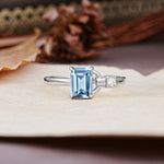 Unique, Classic 4-Prong Emerald Cut Aquamarine Two Stones Wedding Ring - Additional view