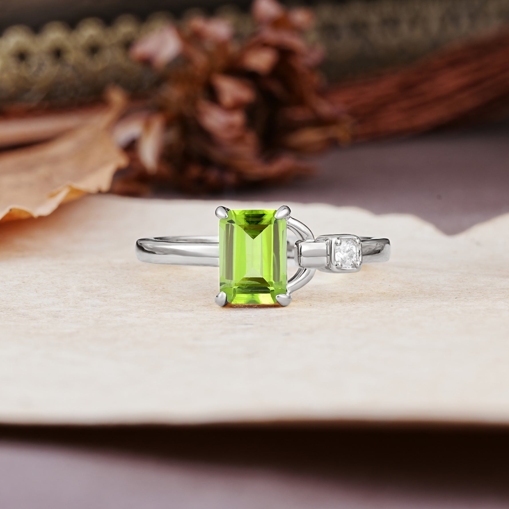Unique, Classic 4-Prong Emerald Cut Peridot Two Stones Wedding Ring - Additional view
