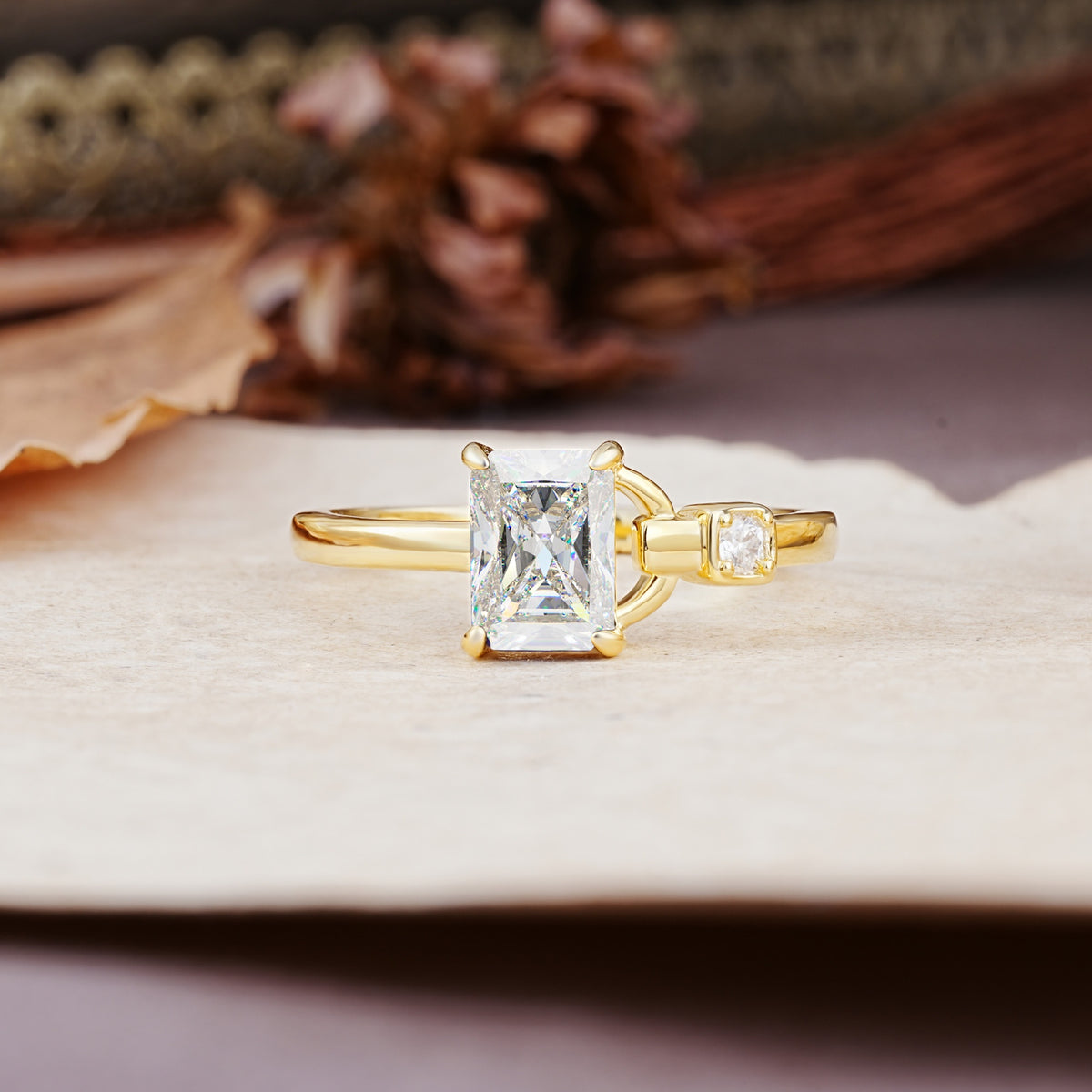 Unique, Classic 4-Prong Emerald Cut Moissanite Two Stones Wedding Ring - Additional view