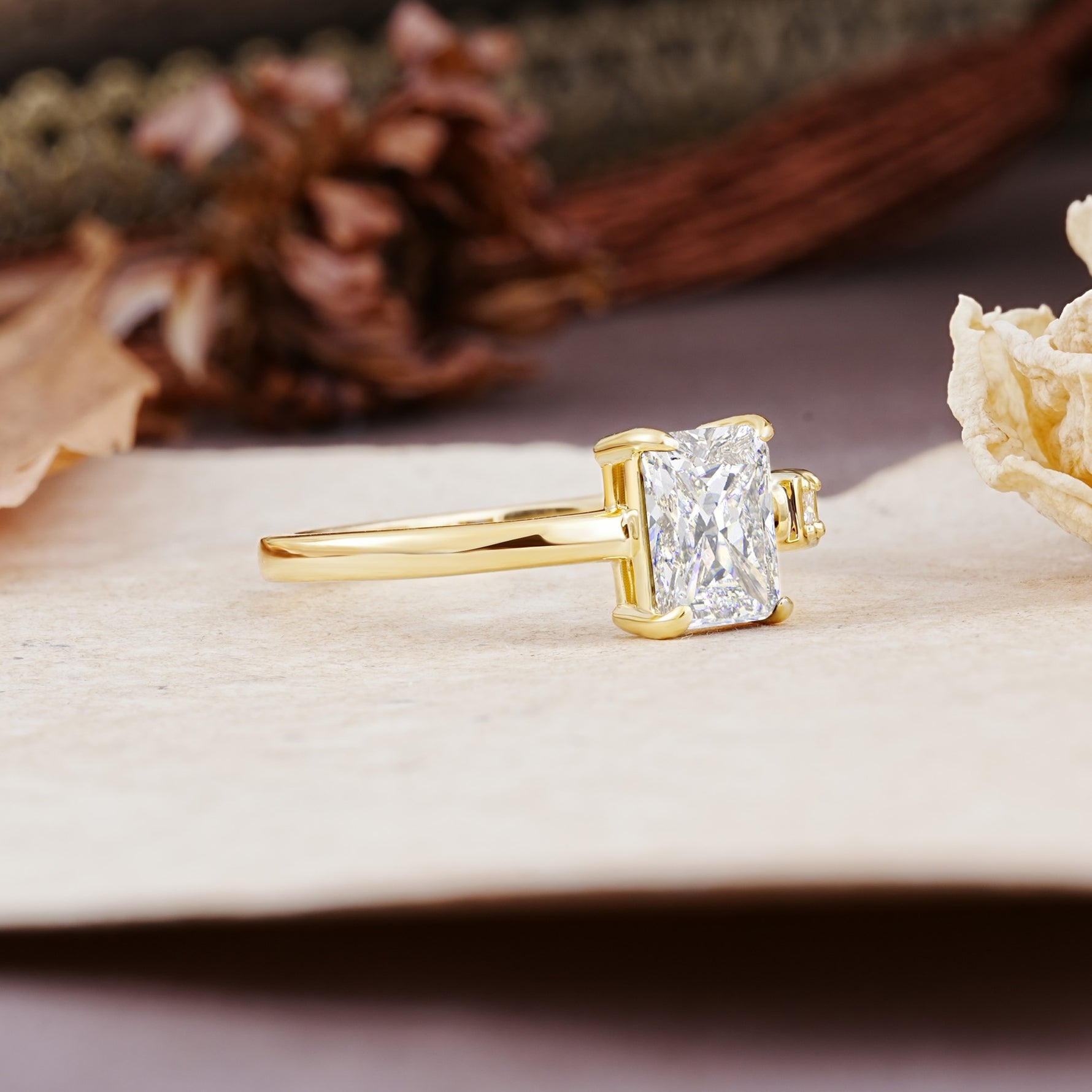 Unique, Classic 4-Prong Emerald Cut Moissanite Two Stones Wedding Ring - Additional view