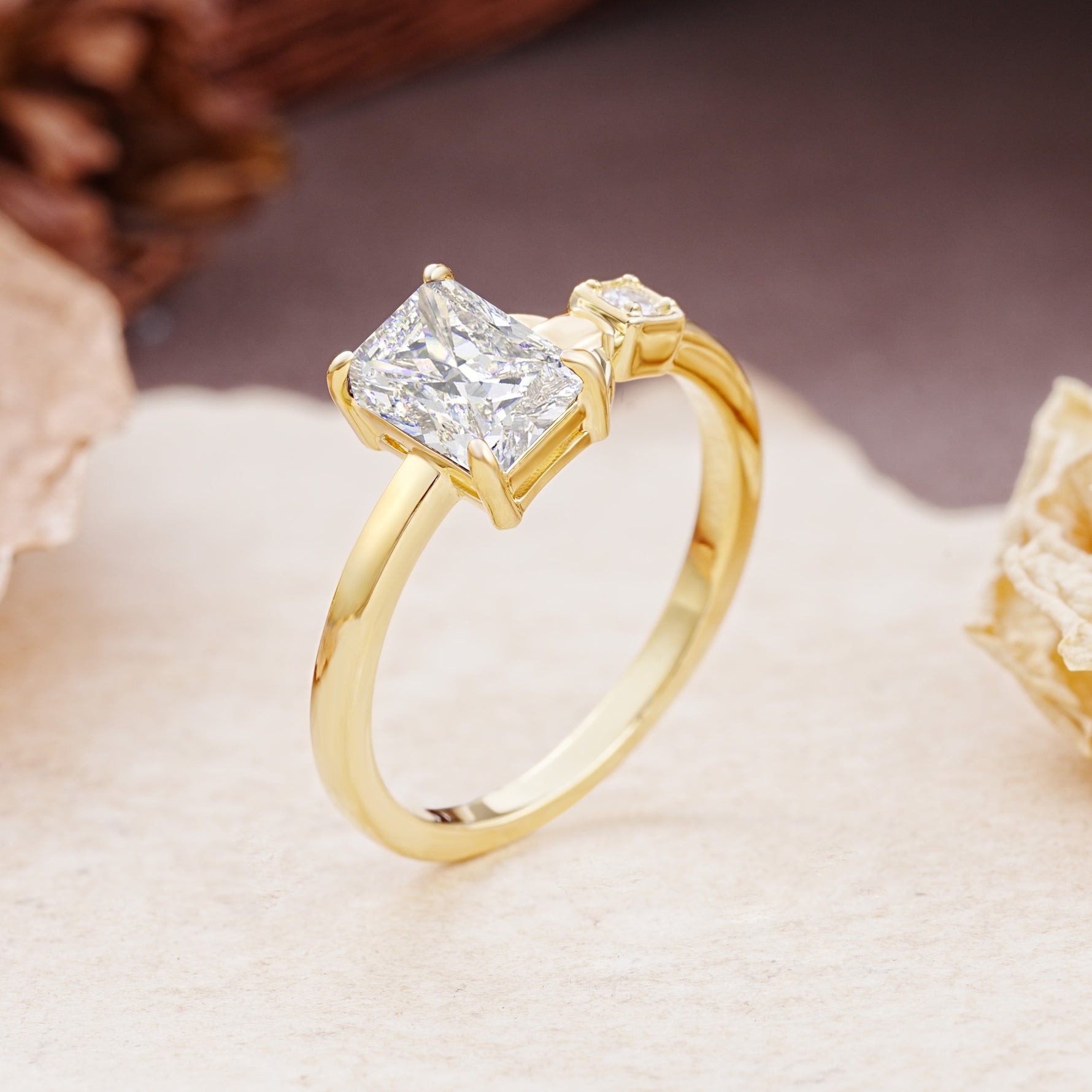 Unique, Classic 4-Prong Emerald Cut Moissanite Two Stones Wedding Ring - Additional view