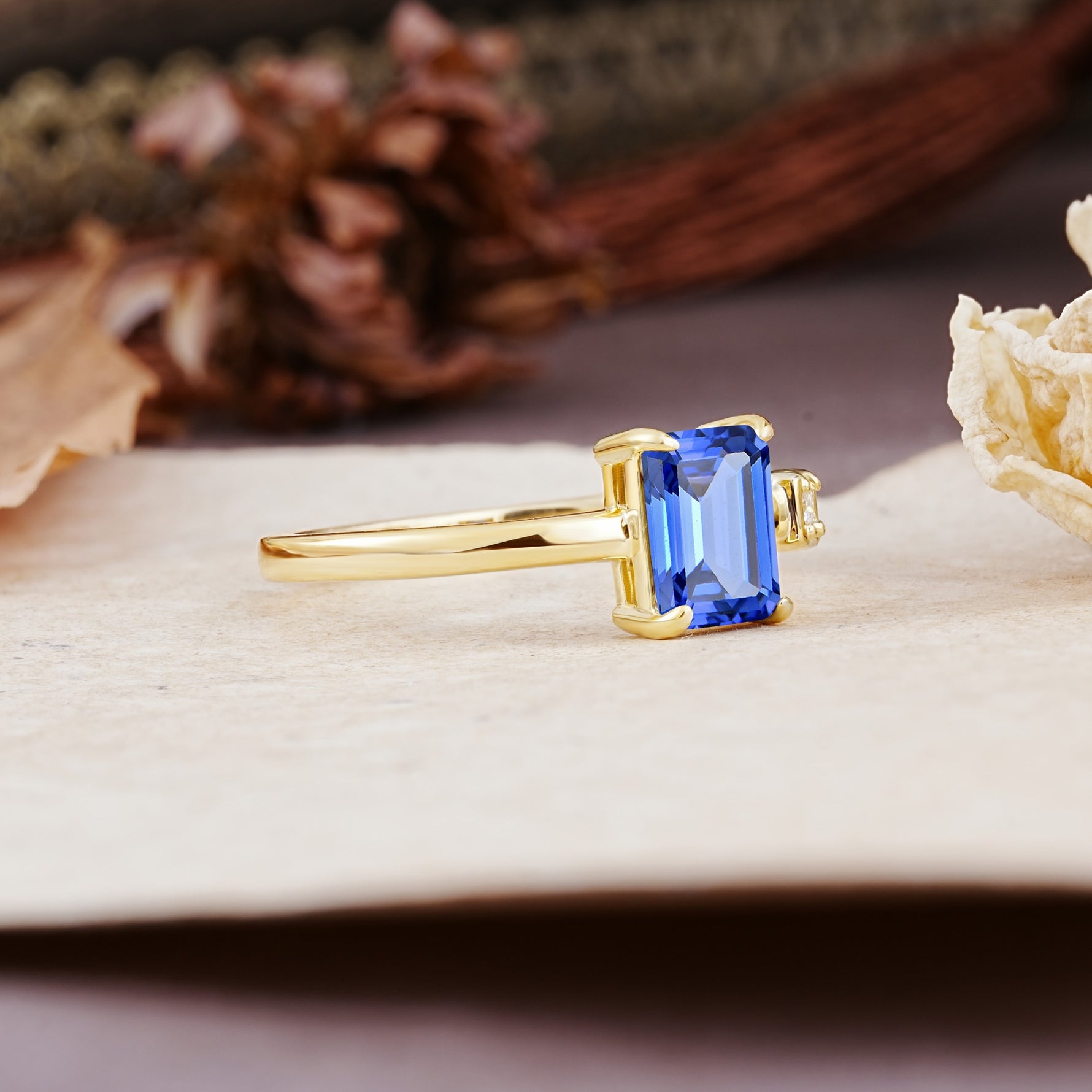 Unique, Classic 4-Prong Emerald Cut Sapphire Two Stones Wedding Ring - Additional view