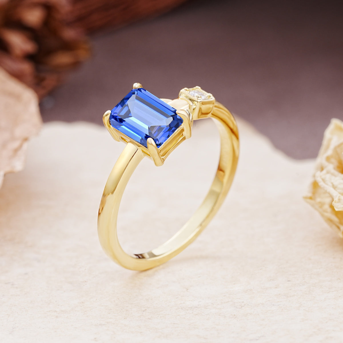 Unique, Classic 4-Prong Emerald Cut Sapphire Two Stones Wedding Ring - Additional view
