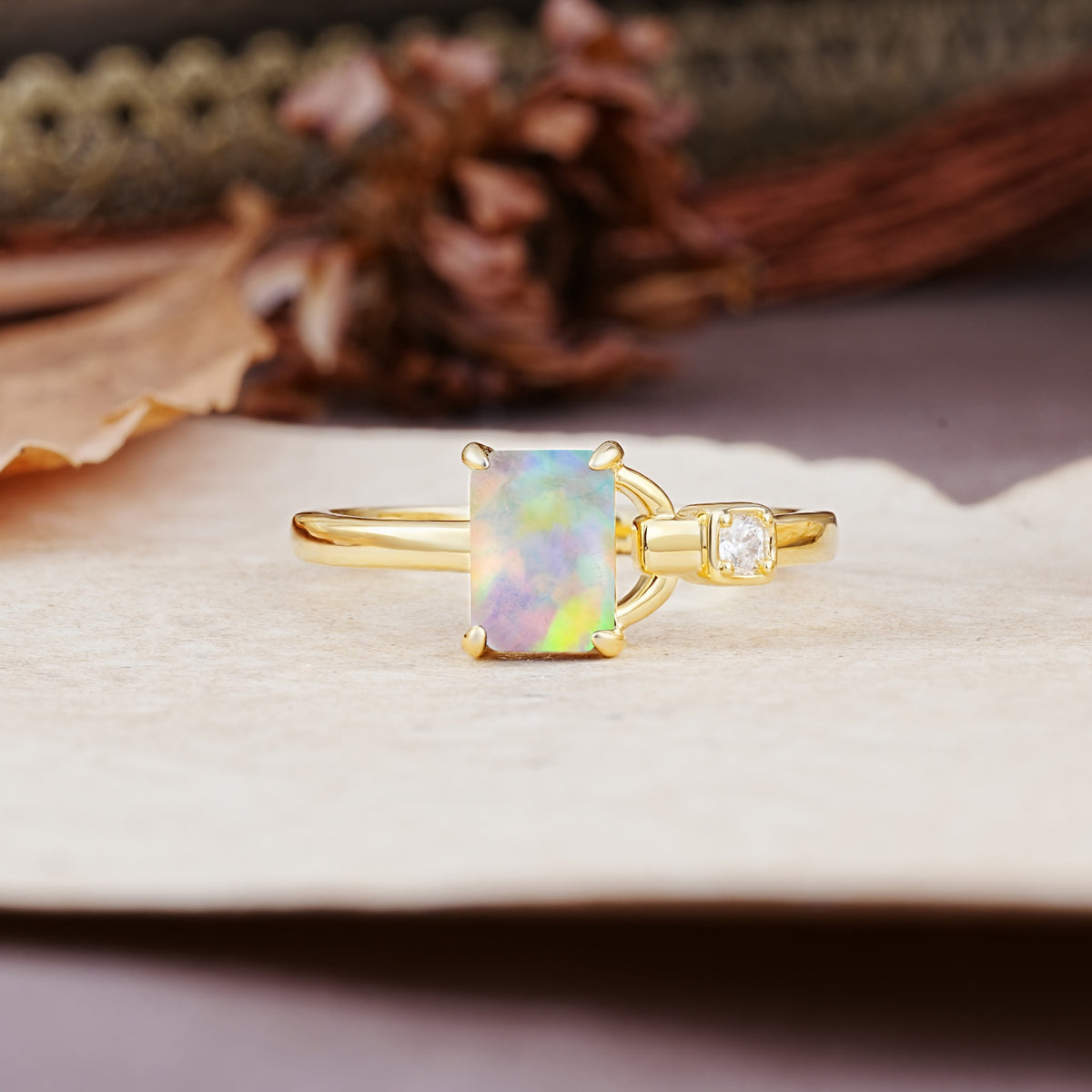 Unique, Classic 4-Prong Emerald Cut Fire Opal Two Stones Wedding Ring - Additional view