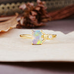 Unique, Classic 4-Prong Emerald Cut Fire Opal Two Stones Wedding Ring - Additional view