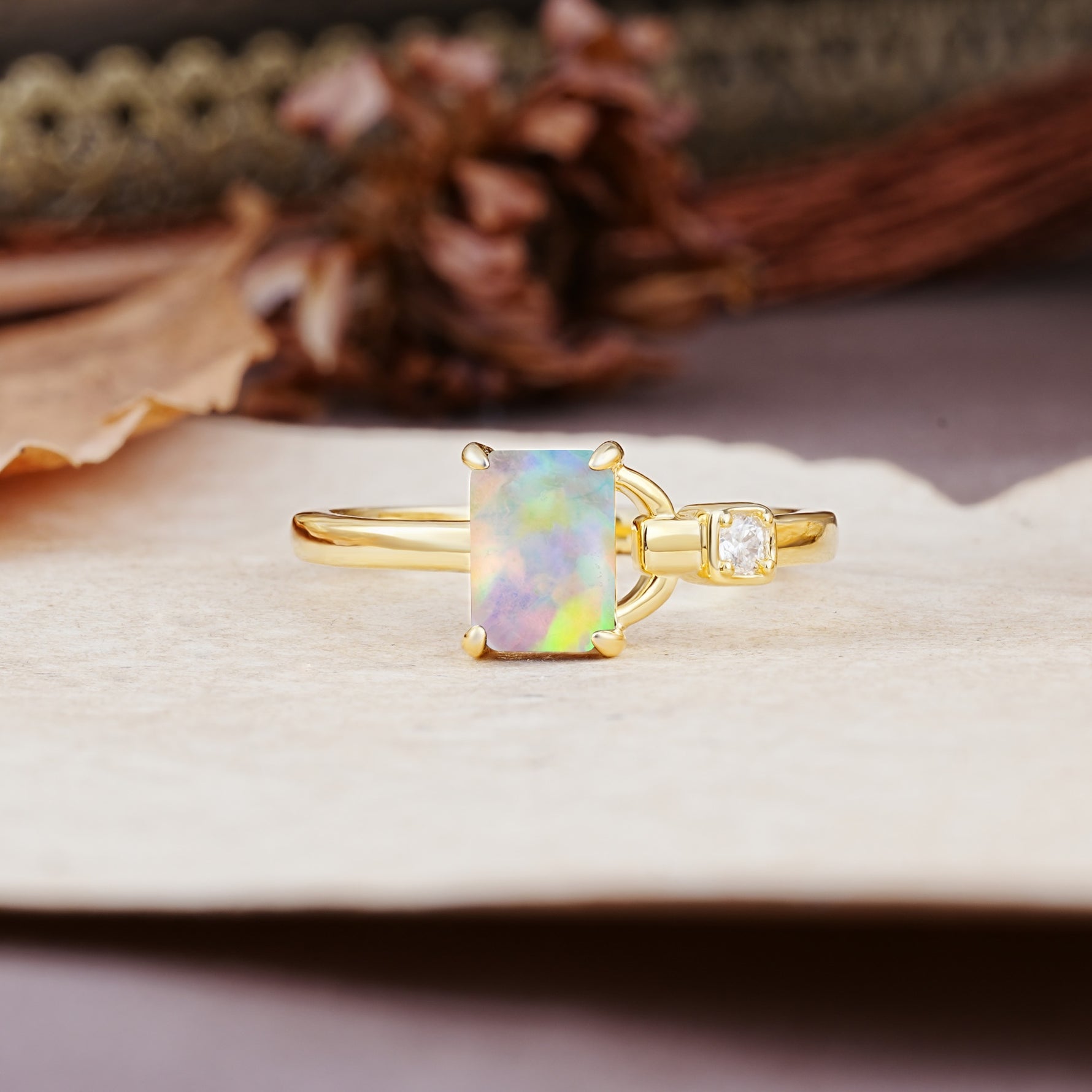 Unique, Classic 4-Prong Emerald Cut Fire Opal Two Stones Wedding Ring - Additional view