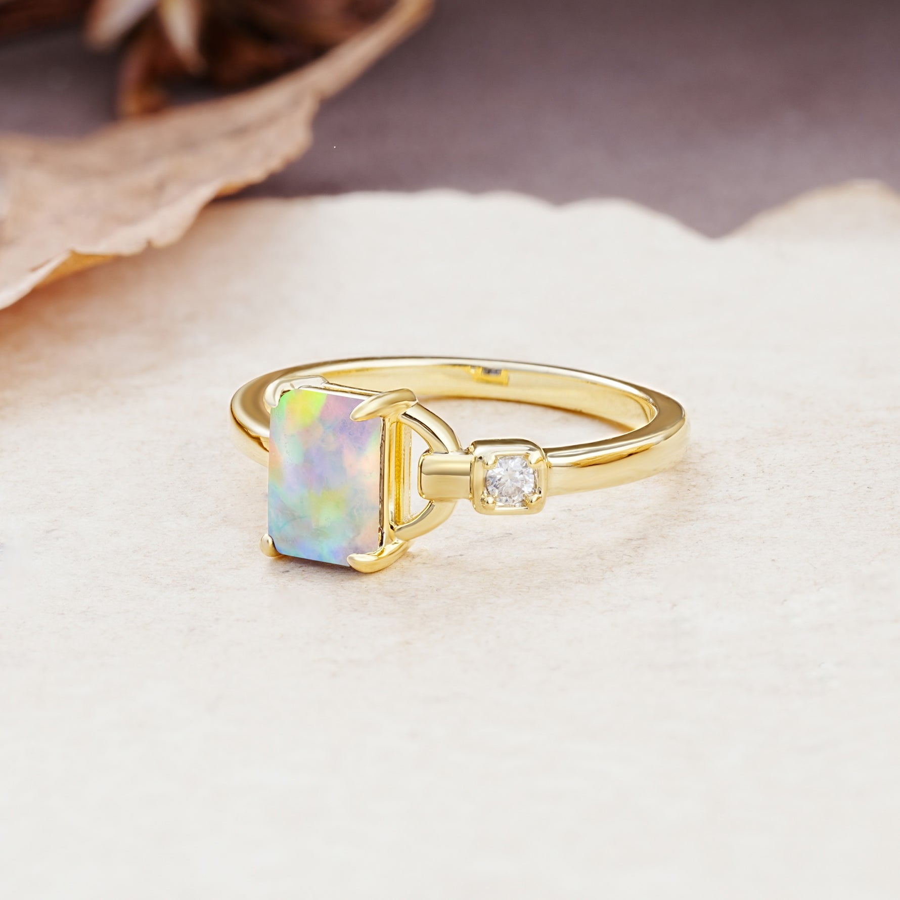 Unique, Classic 4-Prong Emerald Cut Fire Opal Two Stones Wedding Ring - Additional view