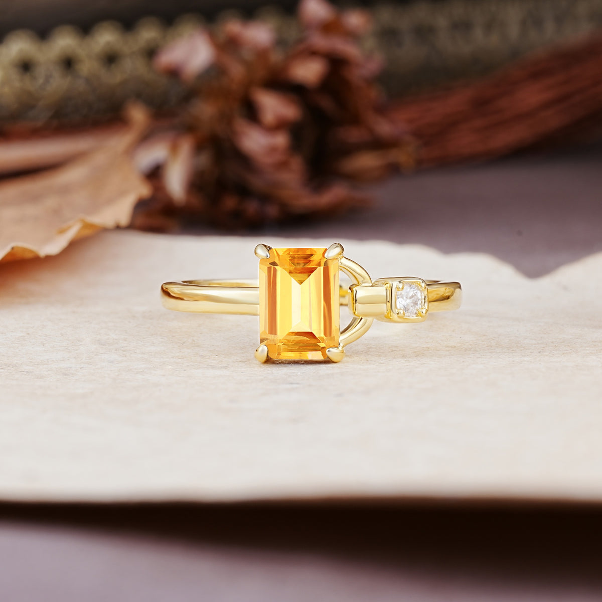 Unique, Classic 4-Prong Emerald Cut Citrine Two Stones Wedding Ring - Additional view