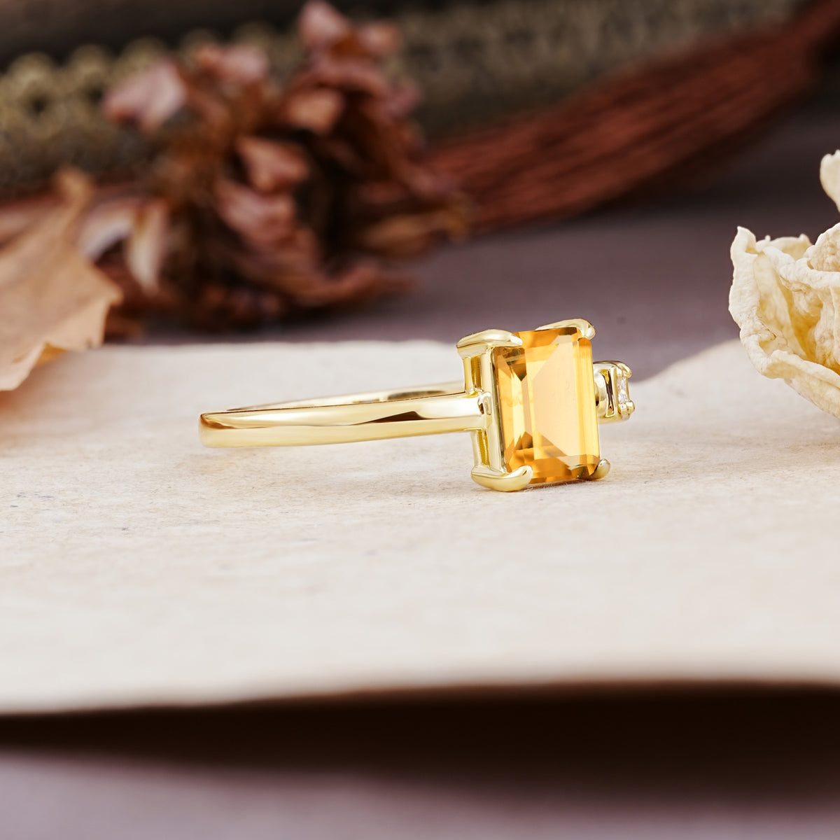 Unique, Classic 4-Prong Emerald Cut Citrine Two Stones Wedding Ring - Additional view