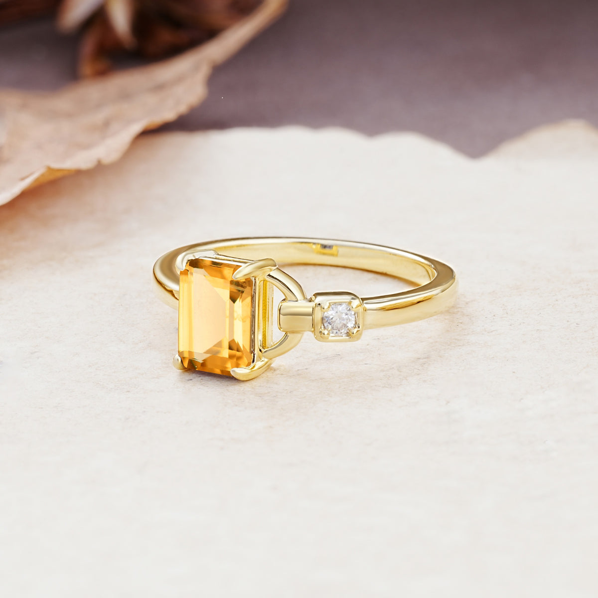 Unique, Classic 4-Prong Emerald Cut Citrine Two Stones Wedding Ring - Additional view