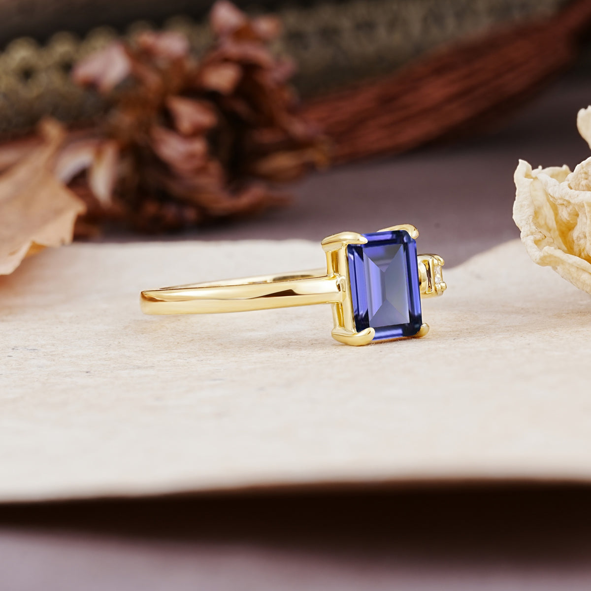 Unique, Classic 4-Prong Emerald Cut Tanzanite Two Stones Wedding Ring - Additional view