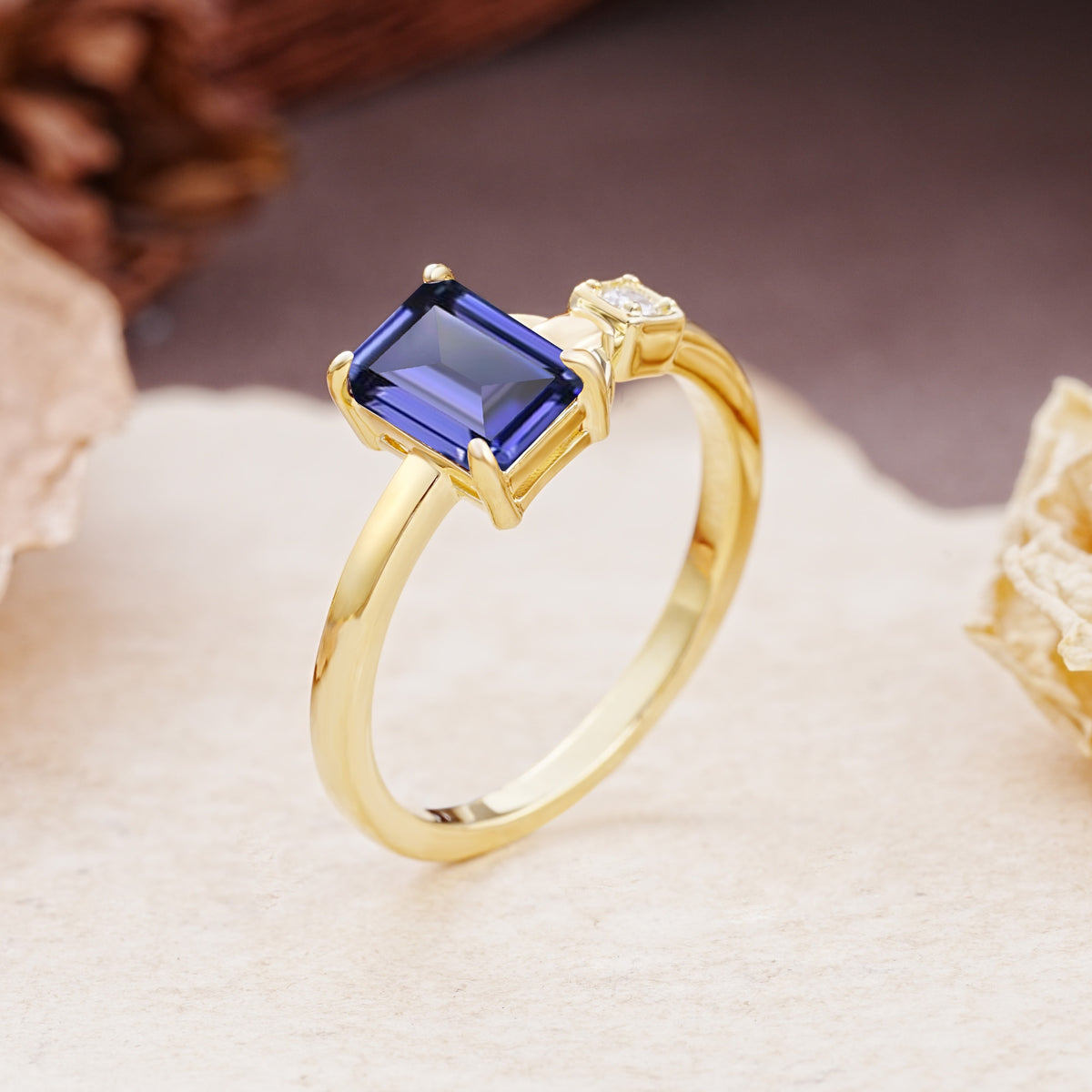 Unique, Classic 4-Prong Emerald Cut Tanzanite Two Stones Wedding Ring - Additional view