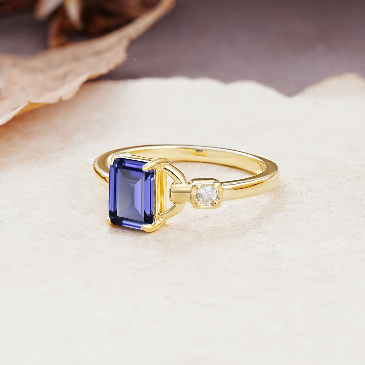 Unique, Classic 4-Prong Emerald Cut Tanzanite Two Stones Wedding Ring - Additional view