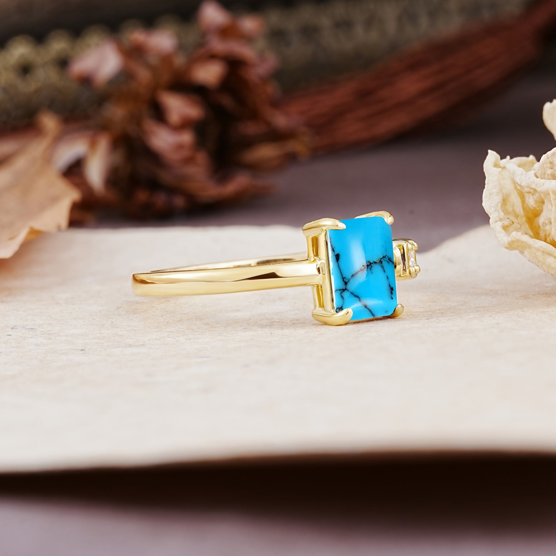 Unique, Classic 4-Prong Emerald Cut Turquoise Two Stones Wedding Ring - Additional view