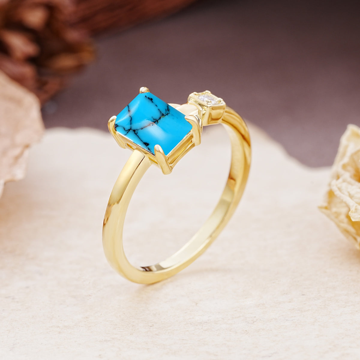 Unique, Classic 4-Prong Emerald Cut Turquoise Two Stones Wedding Ring - Additional view