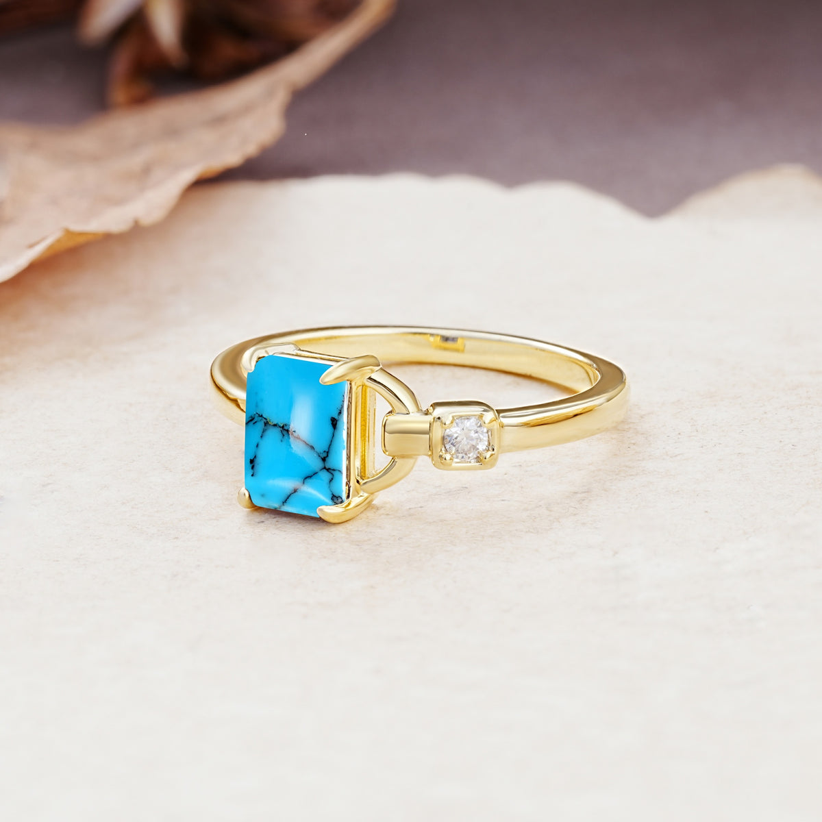 Unique, Classic 4-Prong Emerald Cut Turquoise Two Stones Wedding Ring - Additional view