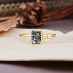 Unique, Classic 4-Prong Emerald Cut Black Rutilated Quartz Two Stones Wedding Ring - Additional view