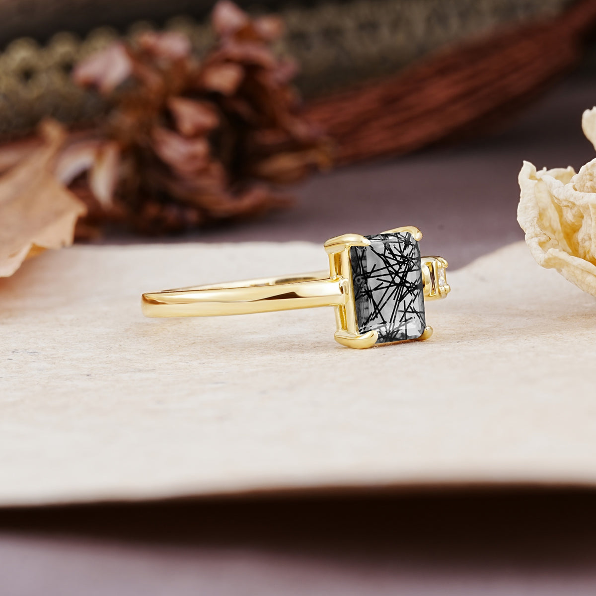 Unique, Classic 4-Prong Emerald Cut Black Rutilated Quartz Two Stones Wedding Ring - Additional view