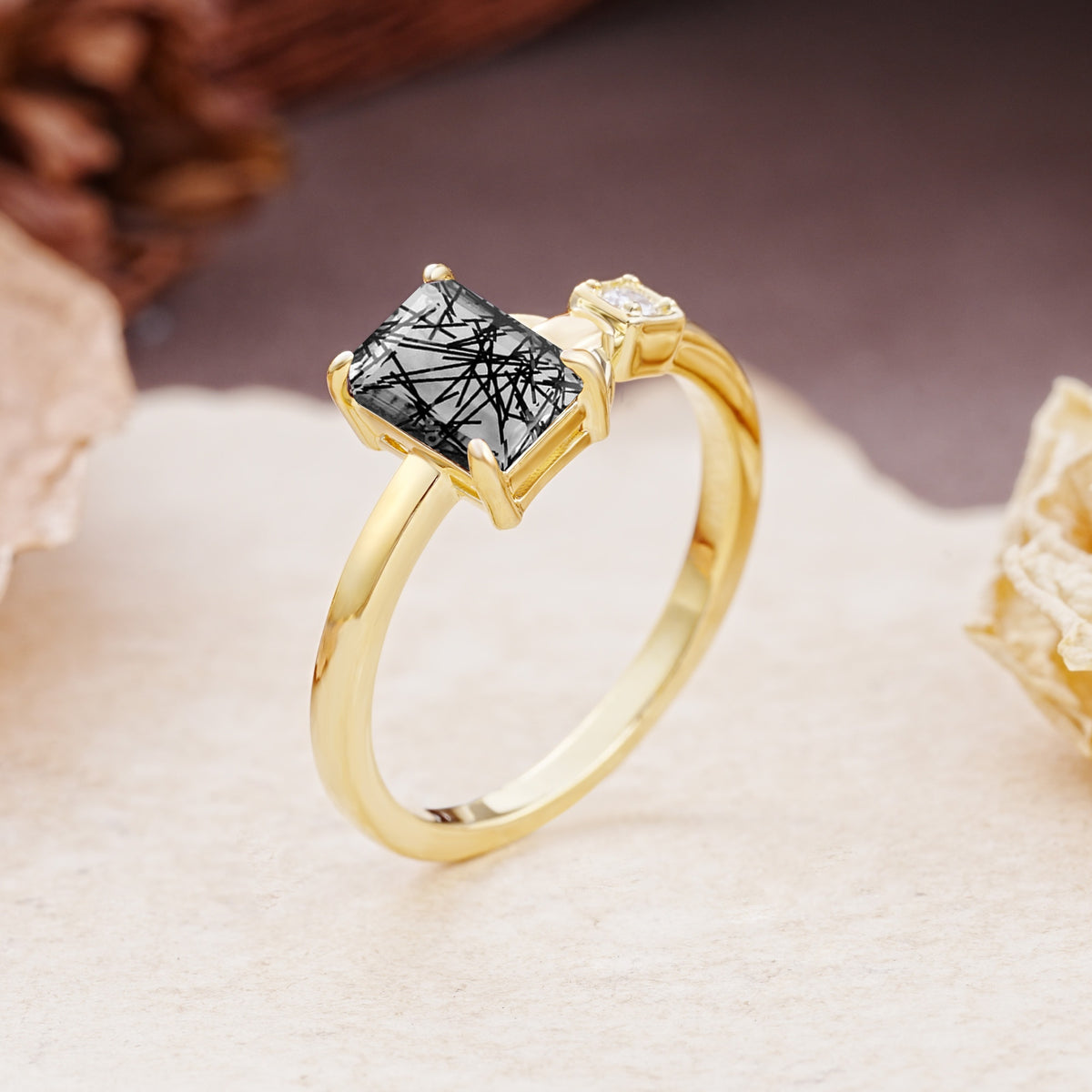 Unique, Classic 4-Prong Emerald Cut Black Rutilated Quartz Two Stones Wedding Ring - Additional view
