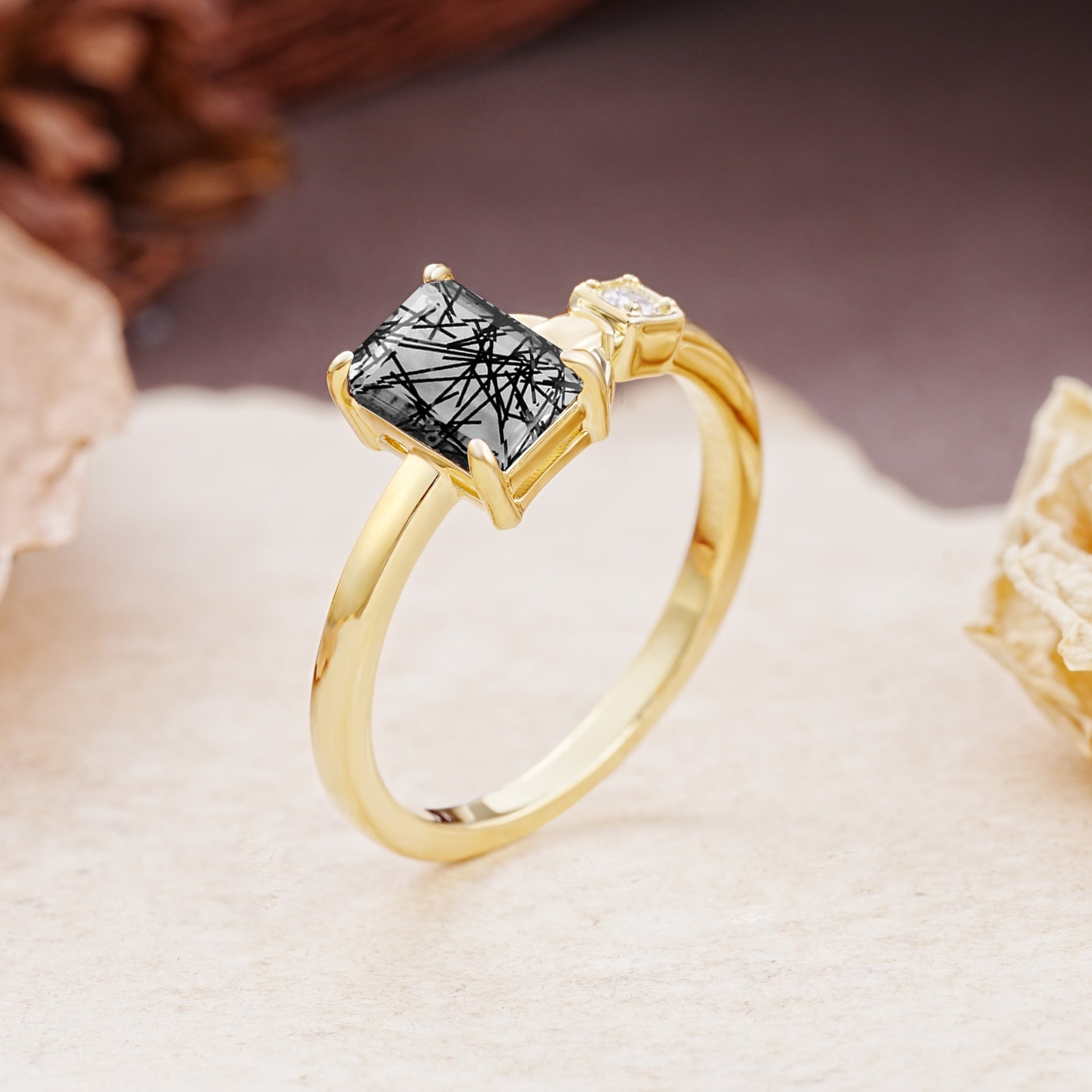 Unique, Classic 4-Prong Emerald Cut Black Rutilated Quartz Two Stones Wedding Ring - Additional view