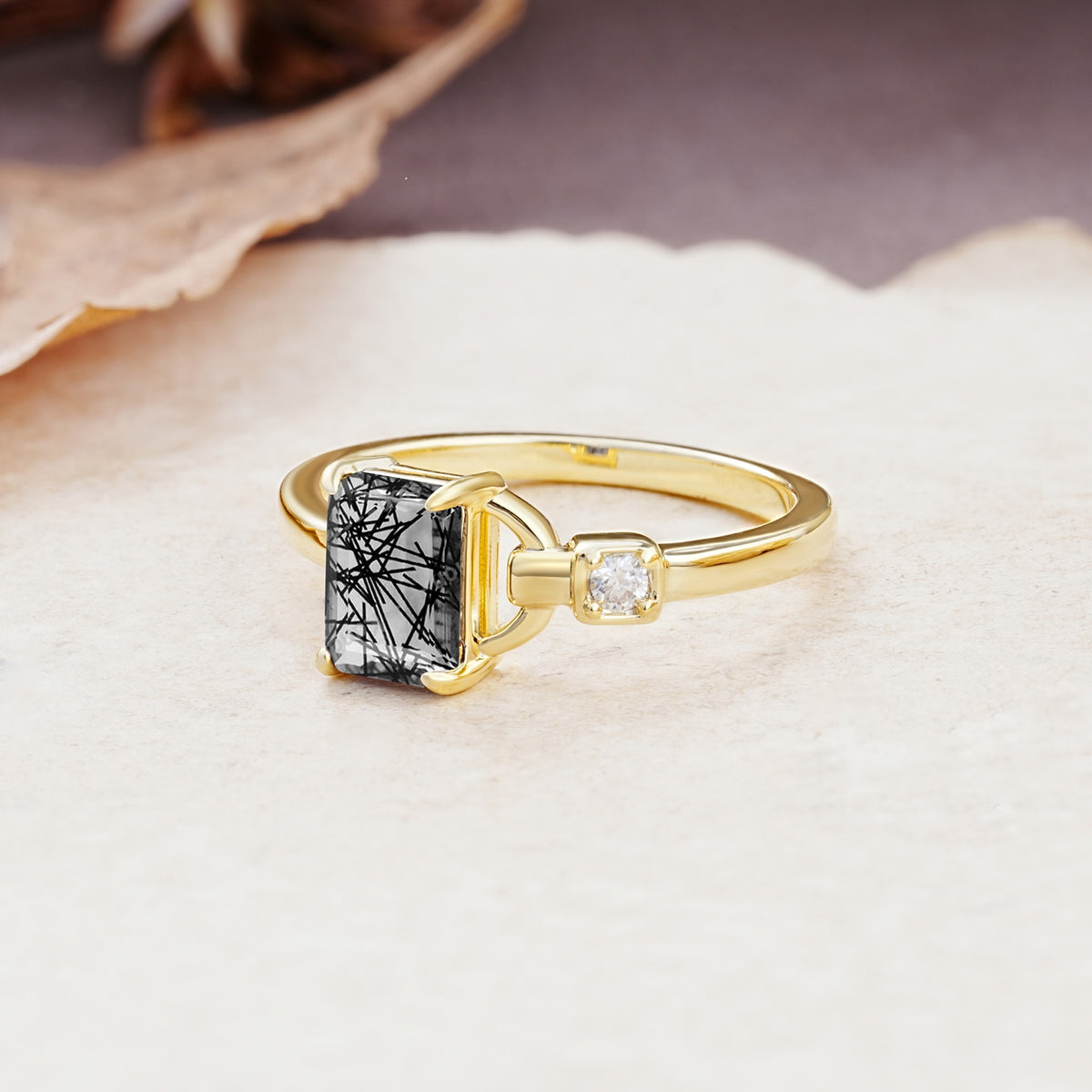 Unique, Classic 4-Prong Emerald Cut Black Rutilated Quartz Two Stones Wedding Ring - Additional view