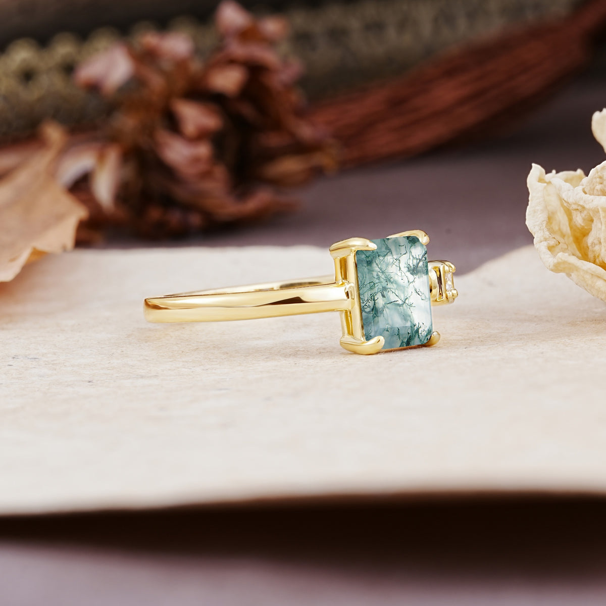 Unique, Classic 4-Prong Emerald Cut Moss Agate Two Stones Wedding Ring - Additional view