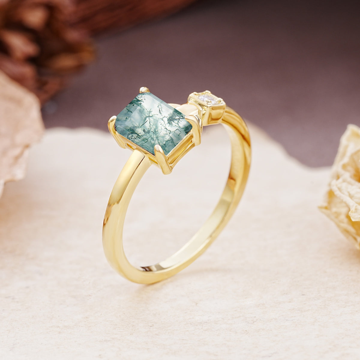 Unique, Classic 4-Prong Emerald Cut Moss Agate Two Stones Wedding Ring - Additional view