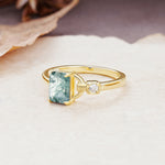 Unique, Classic 4-Prong Emerald Cut Moss Agate Two Stones Wedding Ring - Additional view