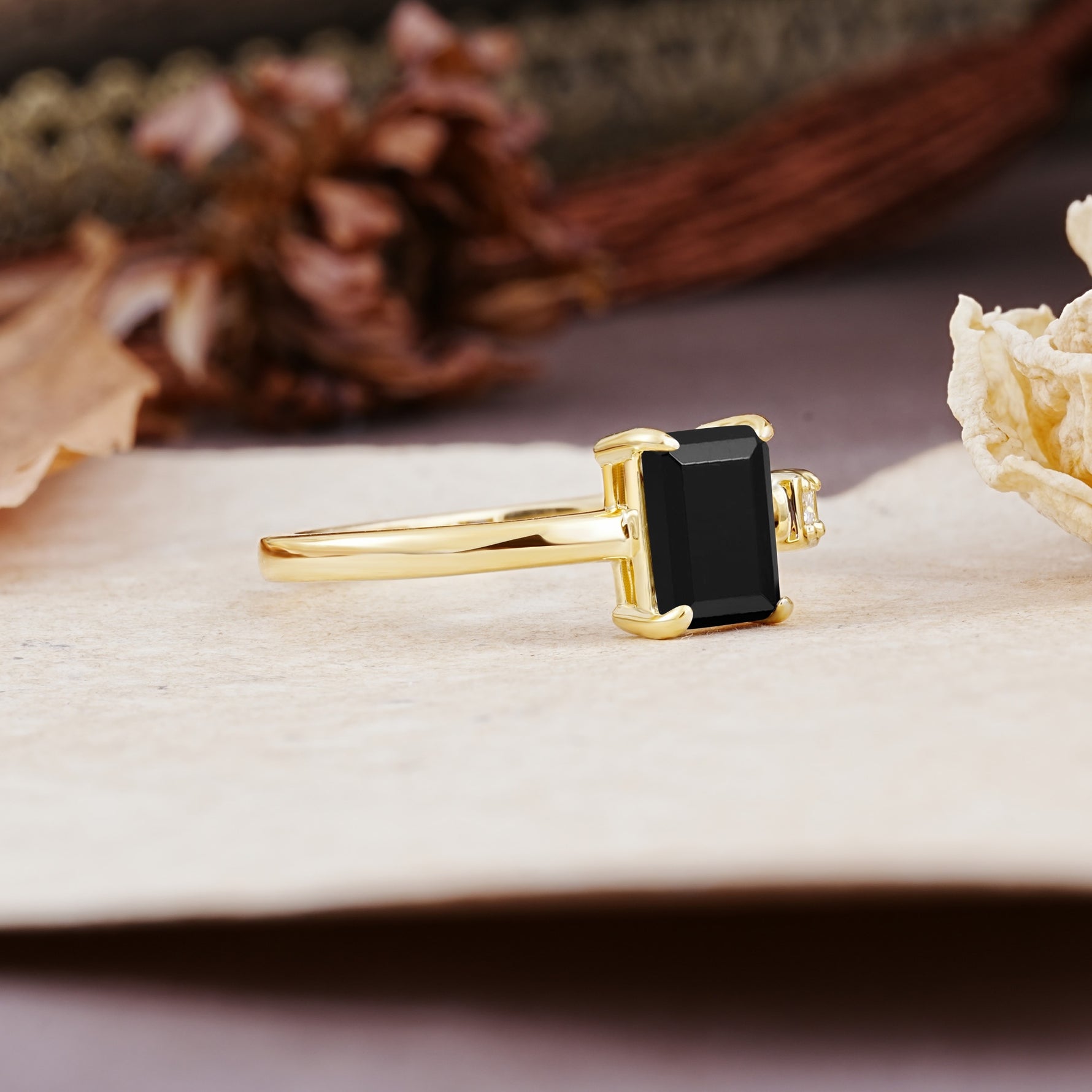 Unique, Classic 4-Prong Emerald Cut Black Onyx Two Stones Wedding Ring - Additional view