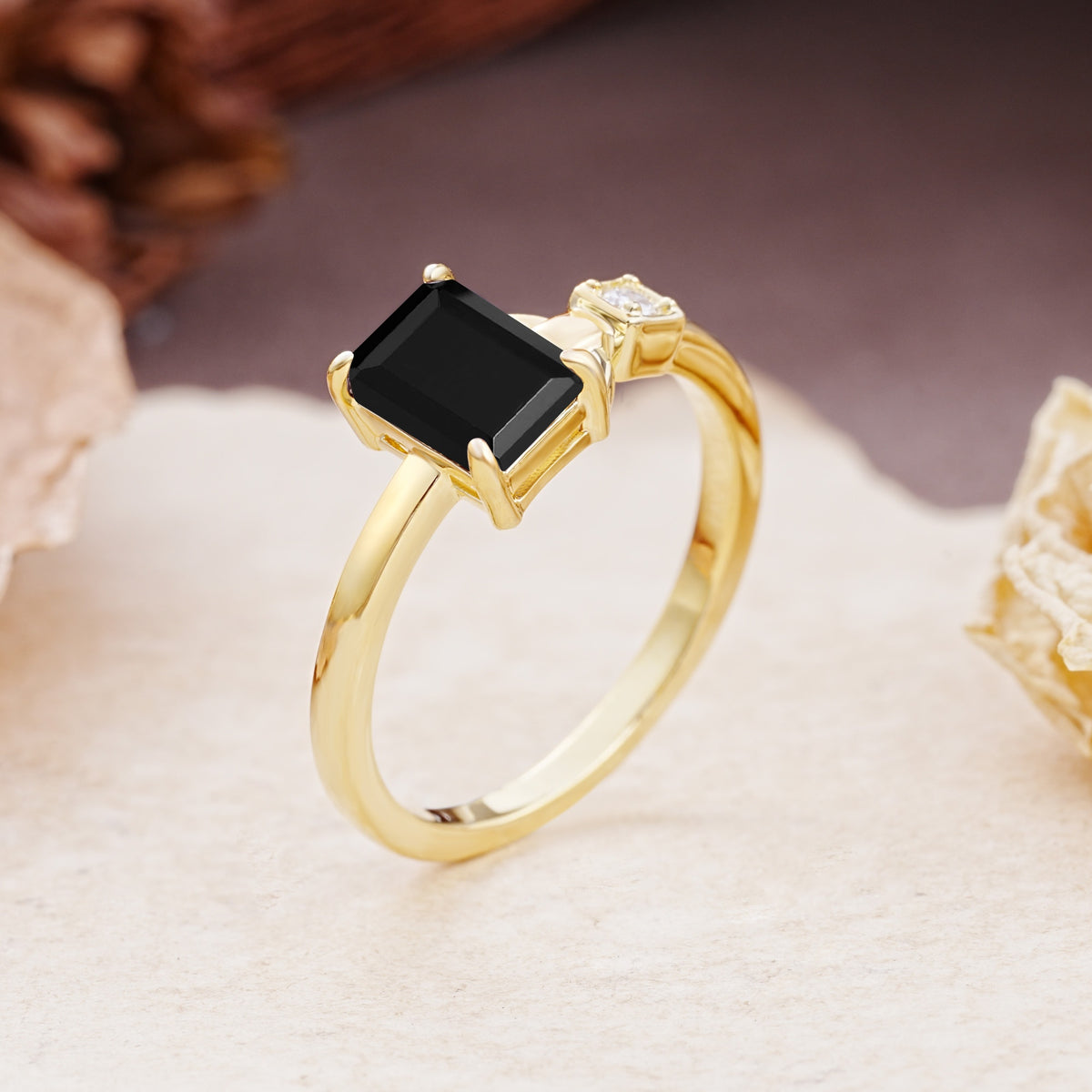 Unique, Classic 4-Prong Emerald Cut Black Onyx Two Stones Wedding Ring - Additional view