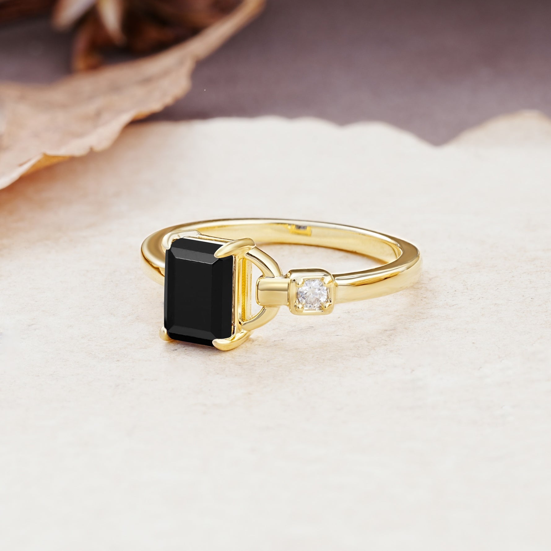 Unique, Classic 4-Prong Emerald Cut Black Onyx Two Stones Wedding Ring - Additional view