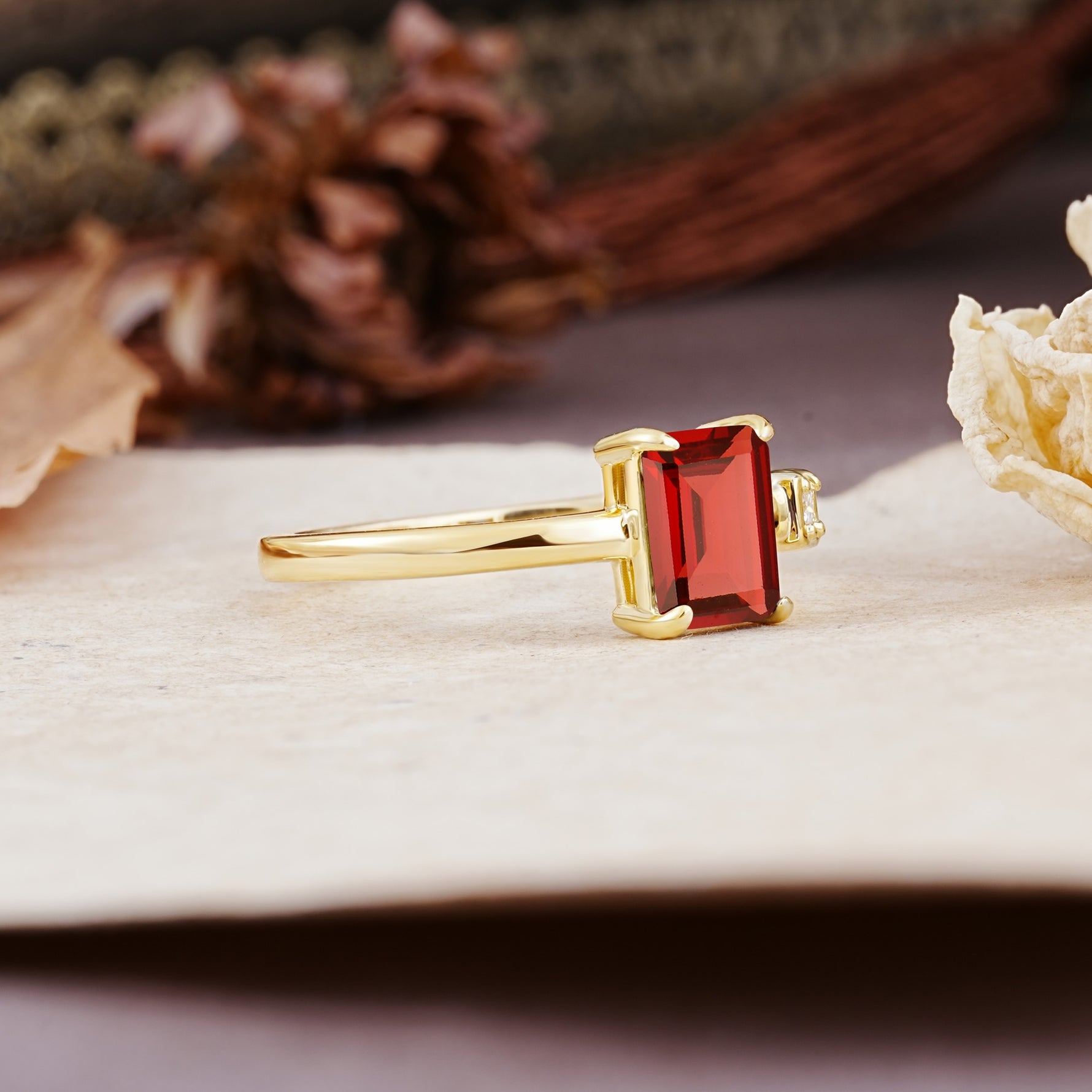 Unique, Classic 4-Prong Emerald Cut Garnet Two Stones Wedding Ring - Additional view