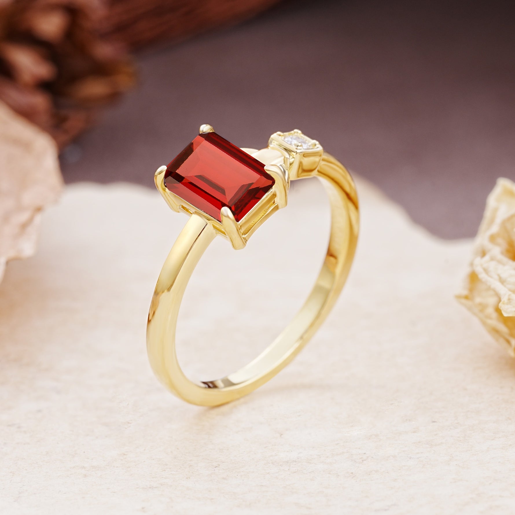 Unique, Classic 4-Prong Emerald Cut Garnet Two Stones Wedding Ring - Additional view