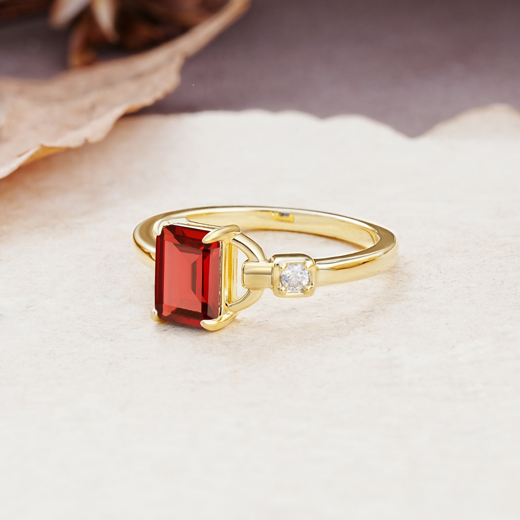 Unique, Classic 4-Prong Emerald Cut Garnet Two Stones Wedding Ring - Additional view