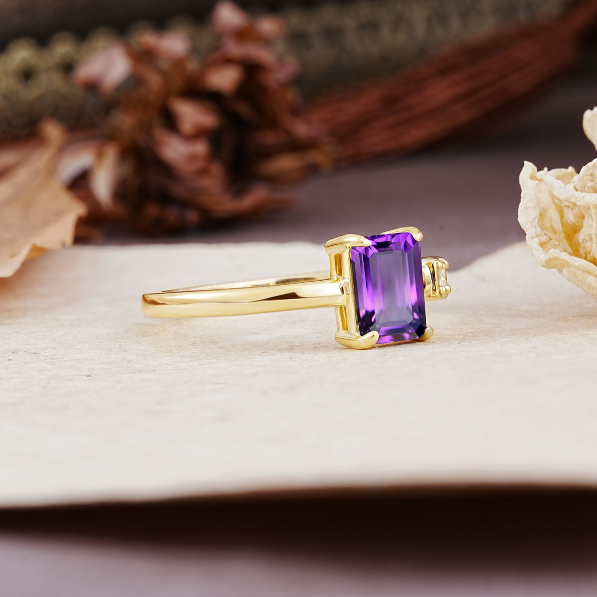 Unique, Classic 4-Prong Emerald Cut Amethyst Two Stones Wedding Ring - Additional view