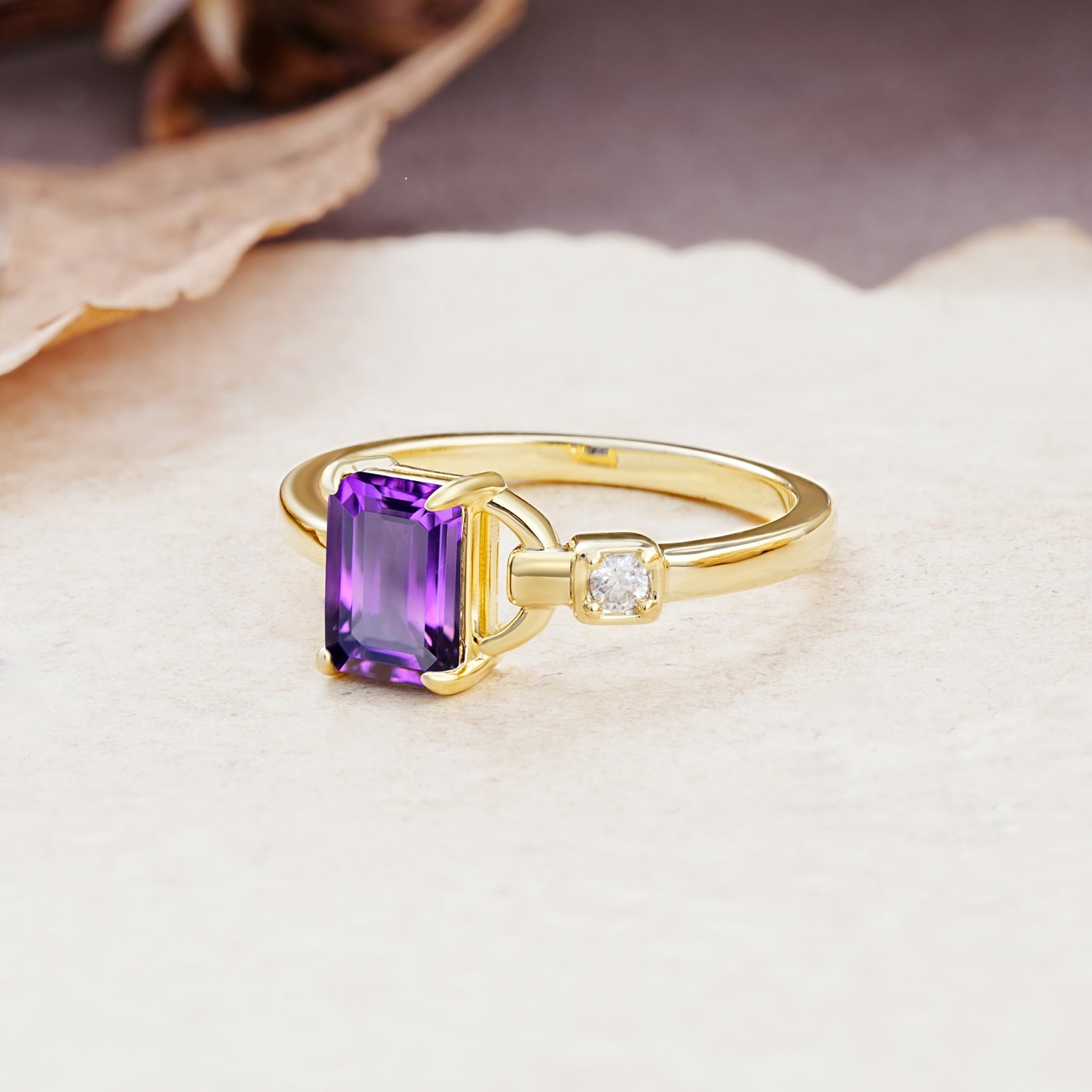 Unique, Classic 4-Prong Emerald Cut Amethyst Two Stones Wedding Ring - Additional view
