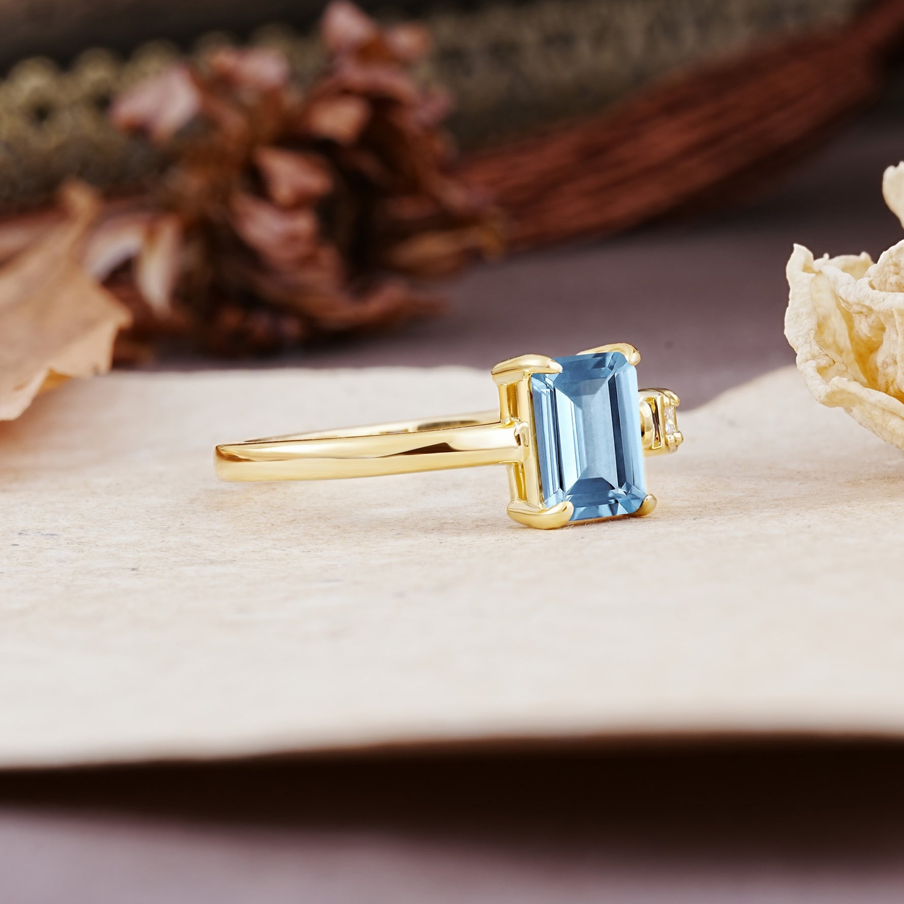 Unique, Classic 4-Prong Emerald Cut Aquamarine Two Stones Wedding Ring - Additional view