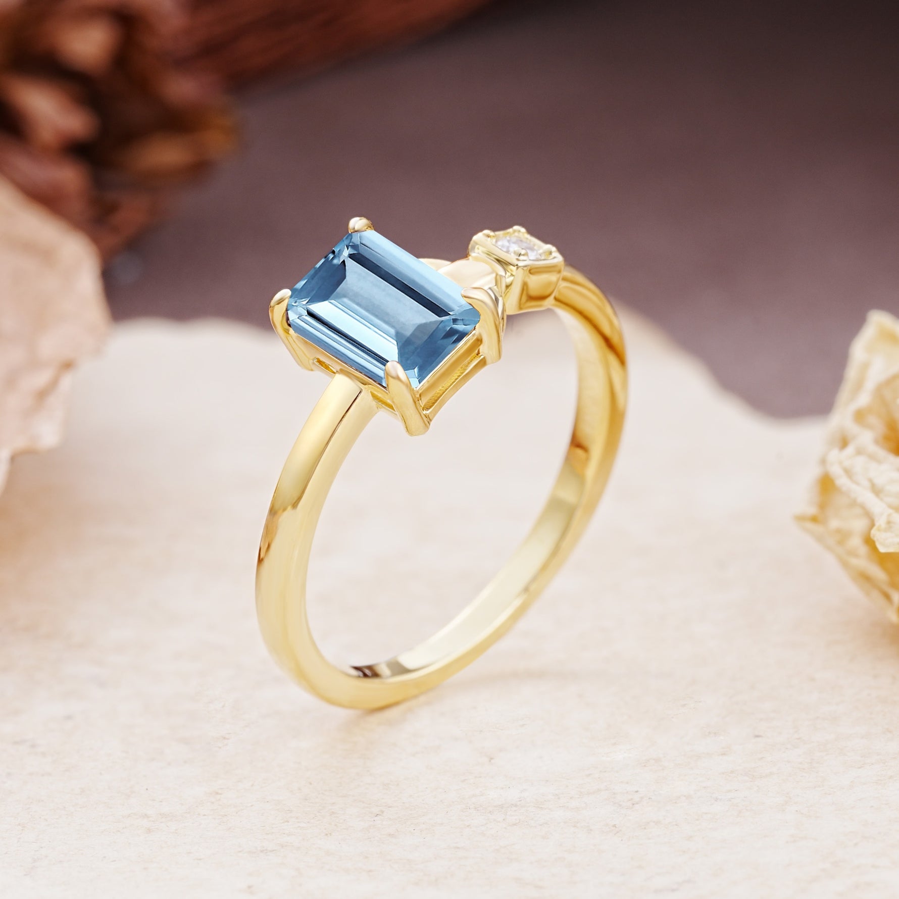 Unique, Classic 4-Prong Emerald Cut Aquamarine Two Stones Wedding Ring - Additional view